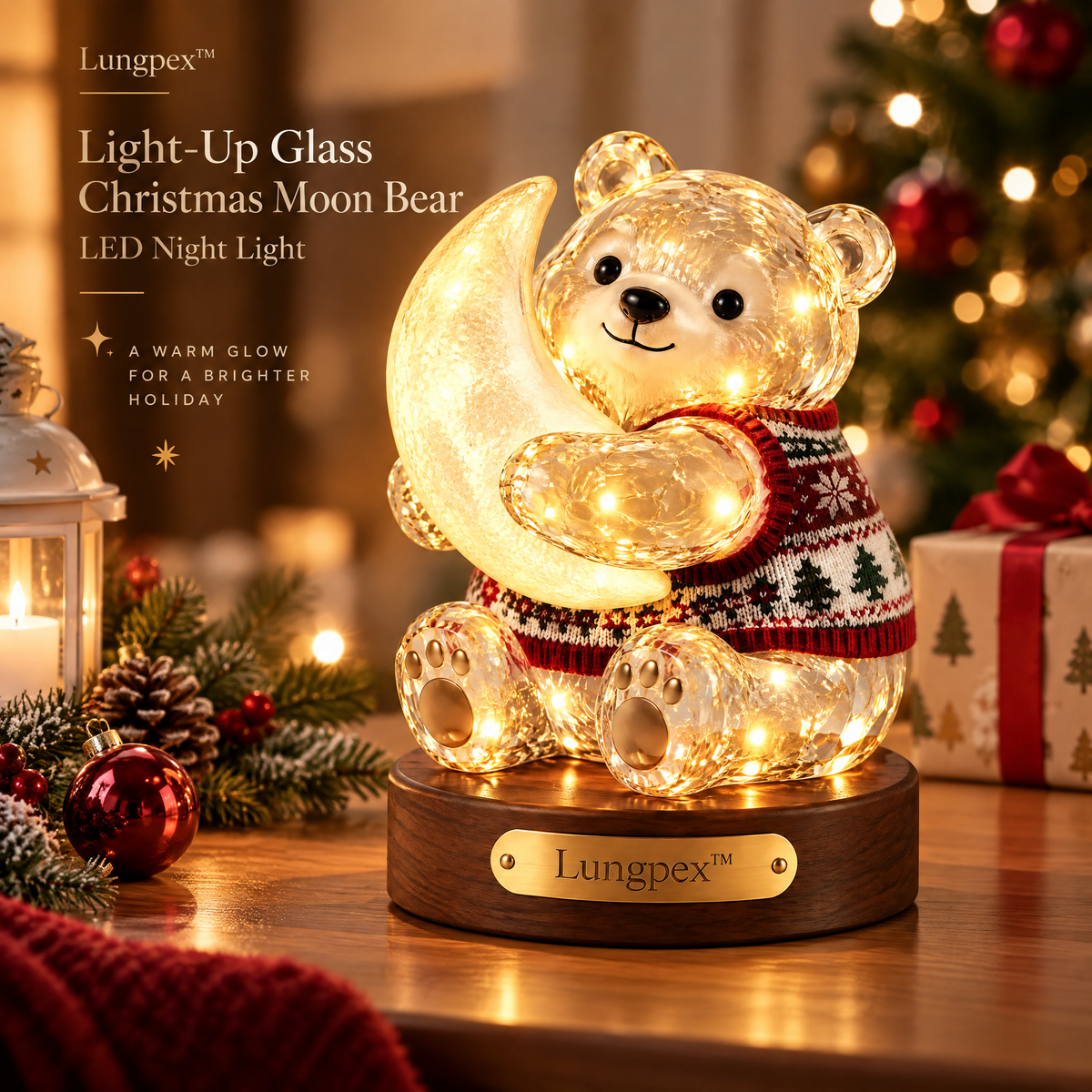 Lungpex™ Light-Up Glass Christmas Moon Bear LED Night Light