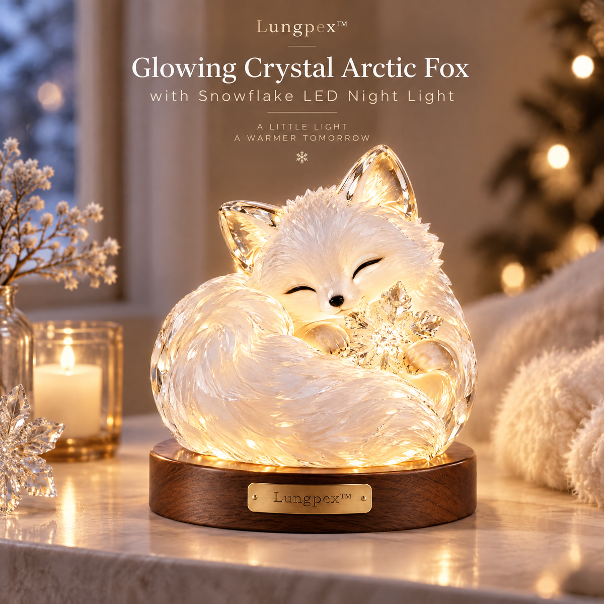 Lungpex™ Glowing Crystal Arctic Fox with Snowflake LED Night Light