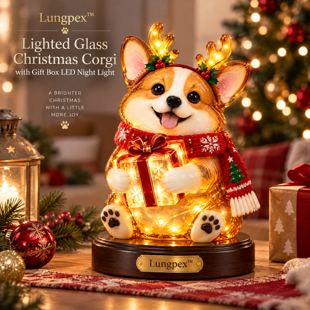 Lungpex™ Light-Up Glass Christmas Corgi with Gift Box LED Night Light