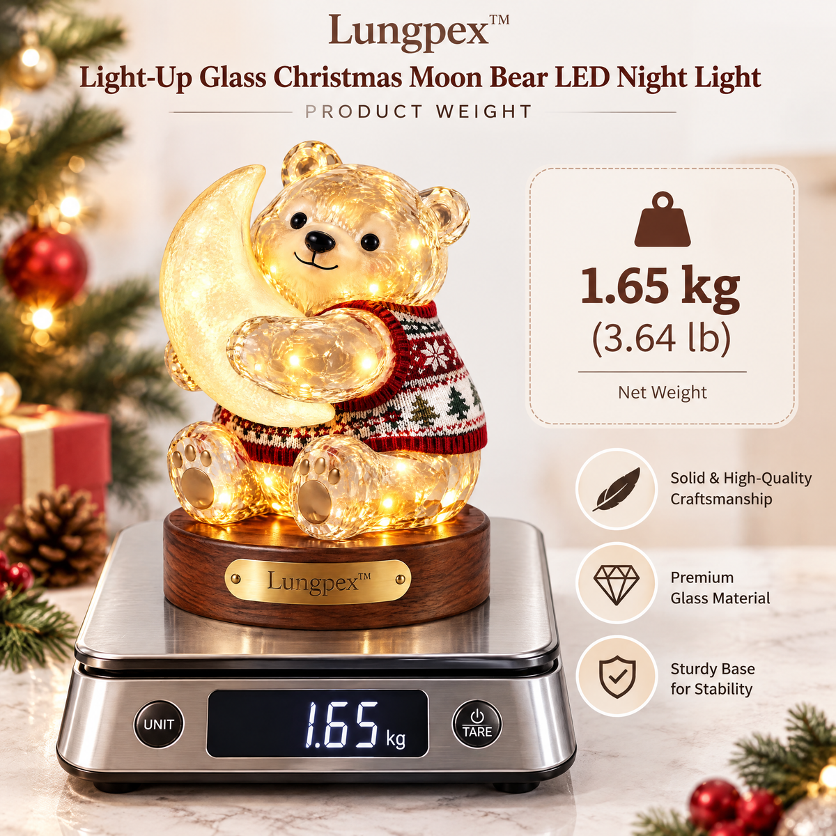 Lungpex™ Light-Up Glass Christmas Moon Bear LED Night Light