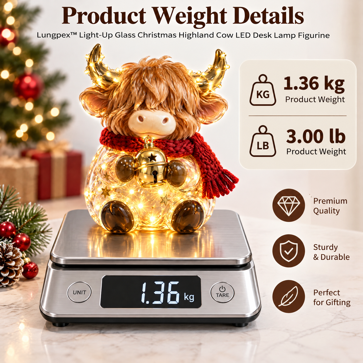 Lungpex™ Light-Up Glass Christmas Highland Cow with Bell LED Night Light