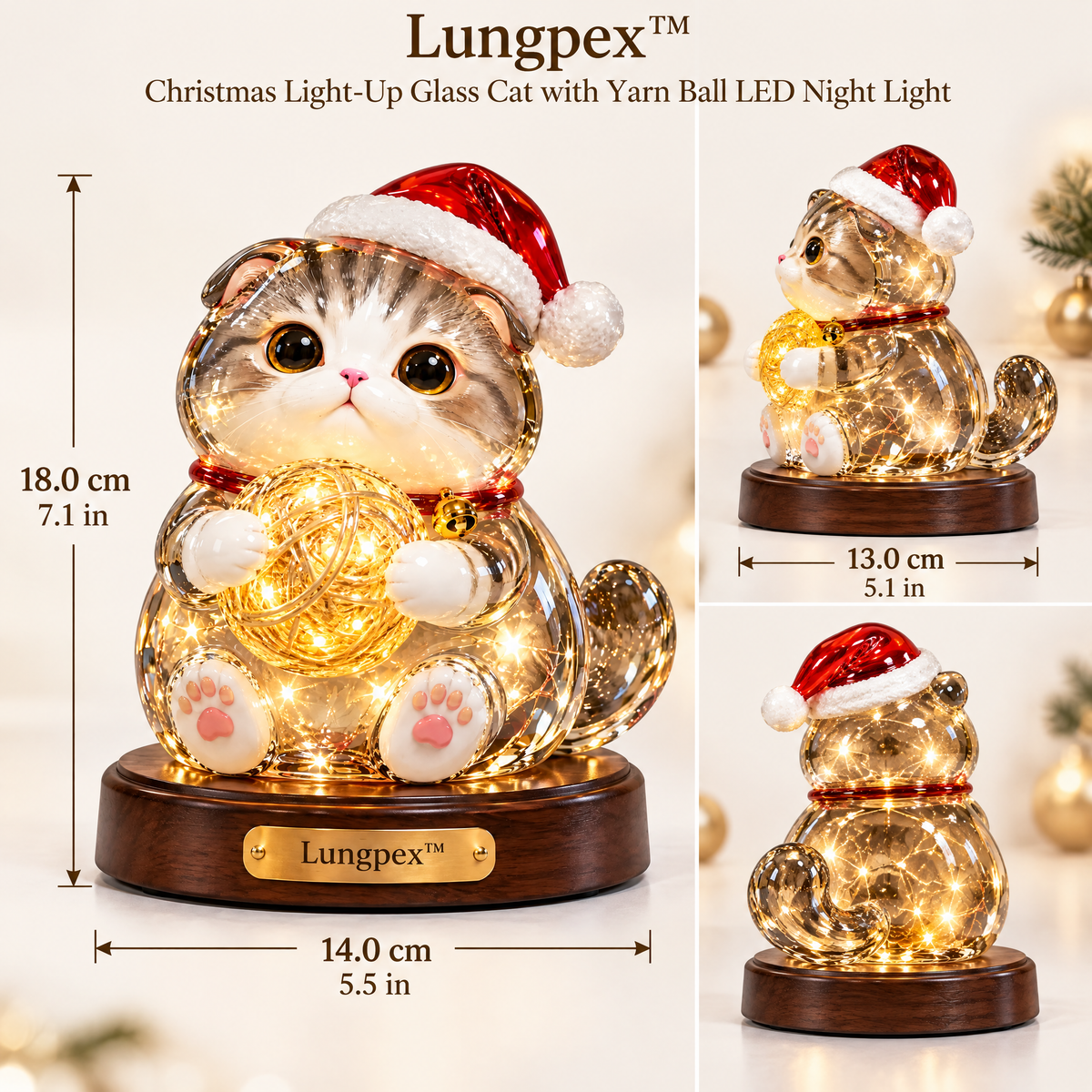 Lungpex™ Christmas Light-Up Glass Cat with Yarn Ball LED Night Light