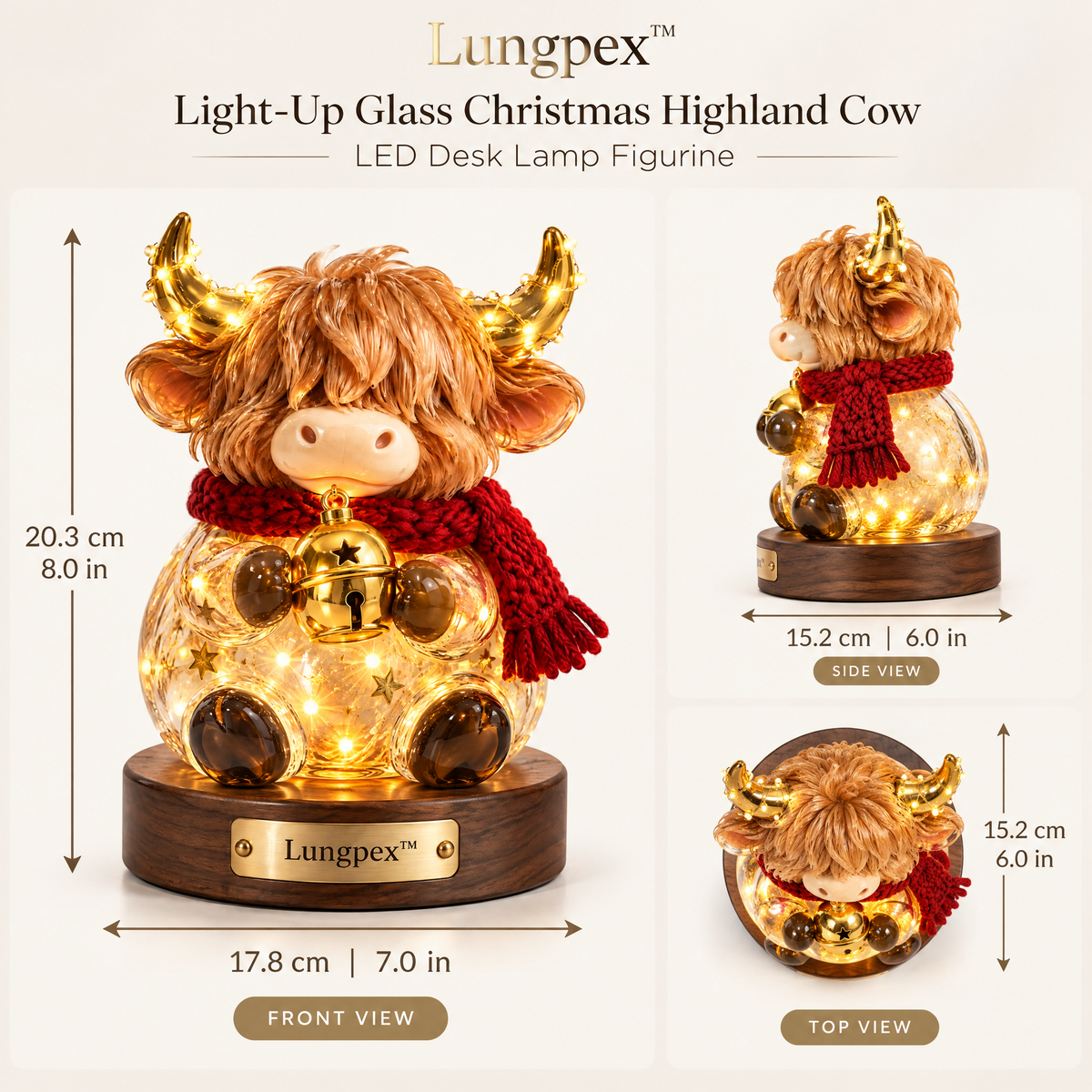 Lungpex™ Light-Up Glass Christmas Highland Cow with Bell LED Night Light