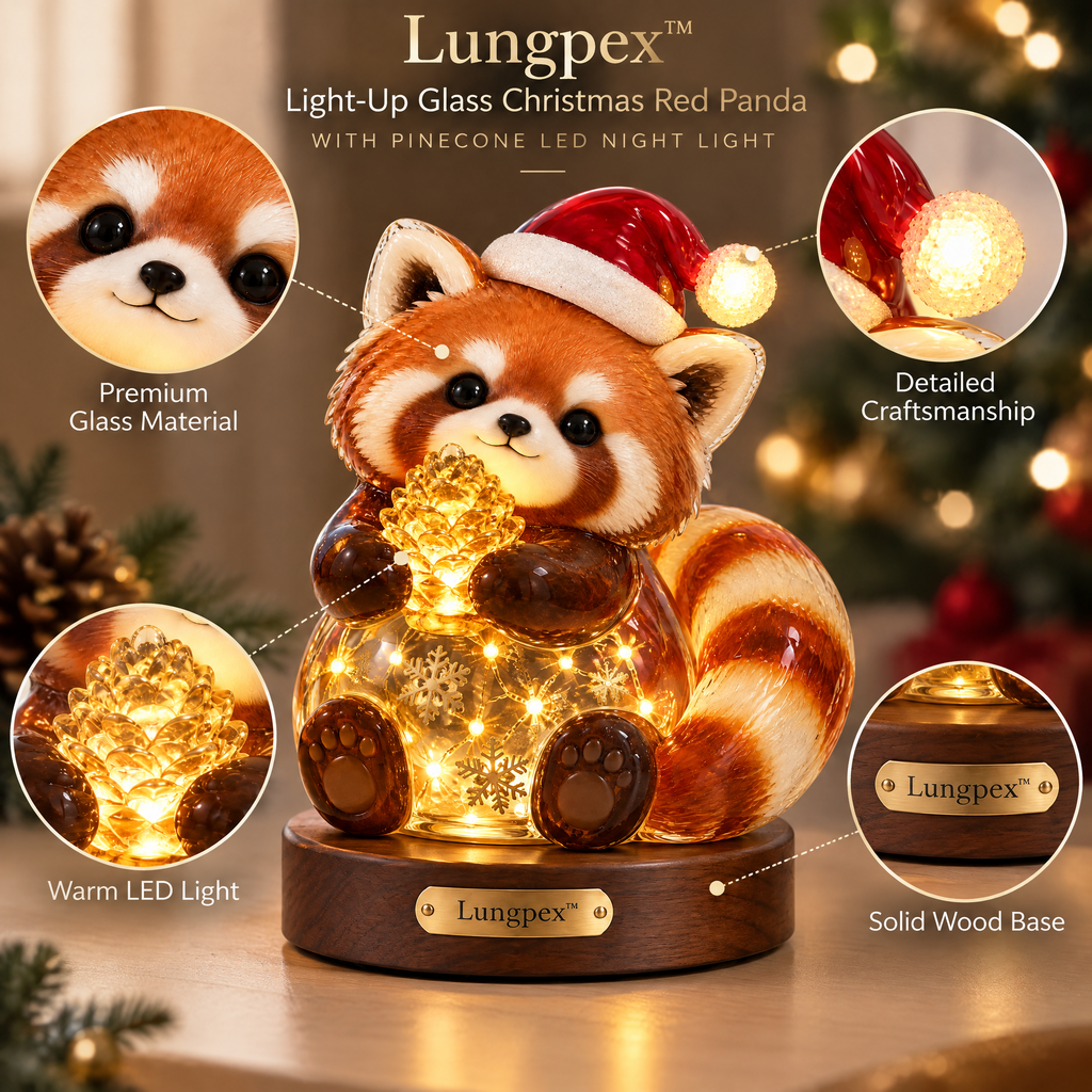 Lungpex™ Light-Up Glass Christmas Red Panda with Pinecone LED Night Light