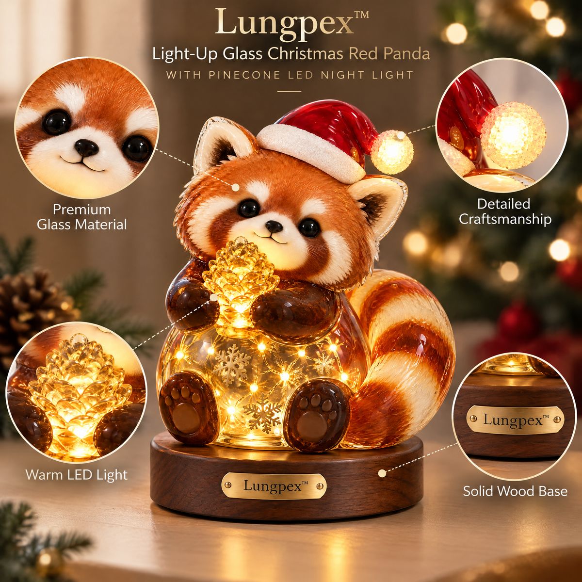 Lungpex™ Light-Up Glass Christmas Red Panda with Pinecone LED Night Light