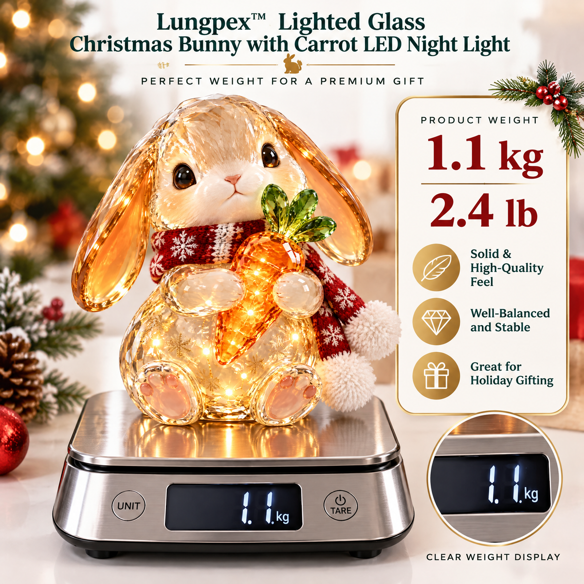 Lungpex™ Light-Up Glass Christmas Bunny with Carrot LED Night Light