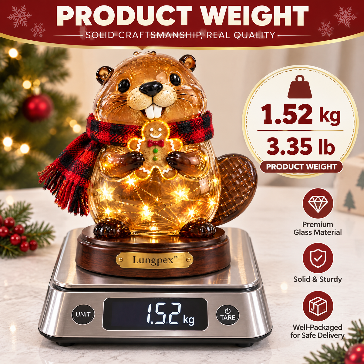 Lungpex™ Light-Up Glass Christmas Beaver with Gingerbread Man LED Night Light Figurine