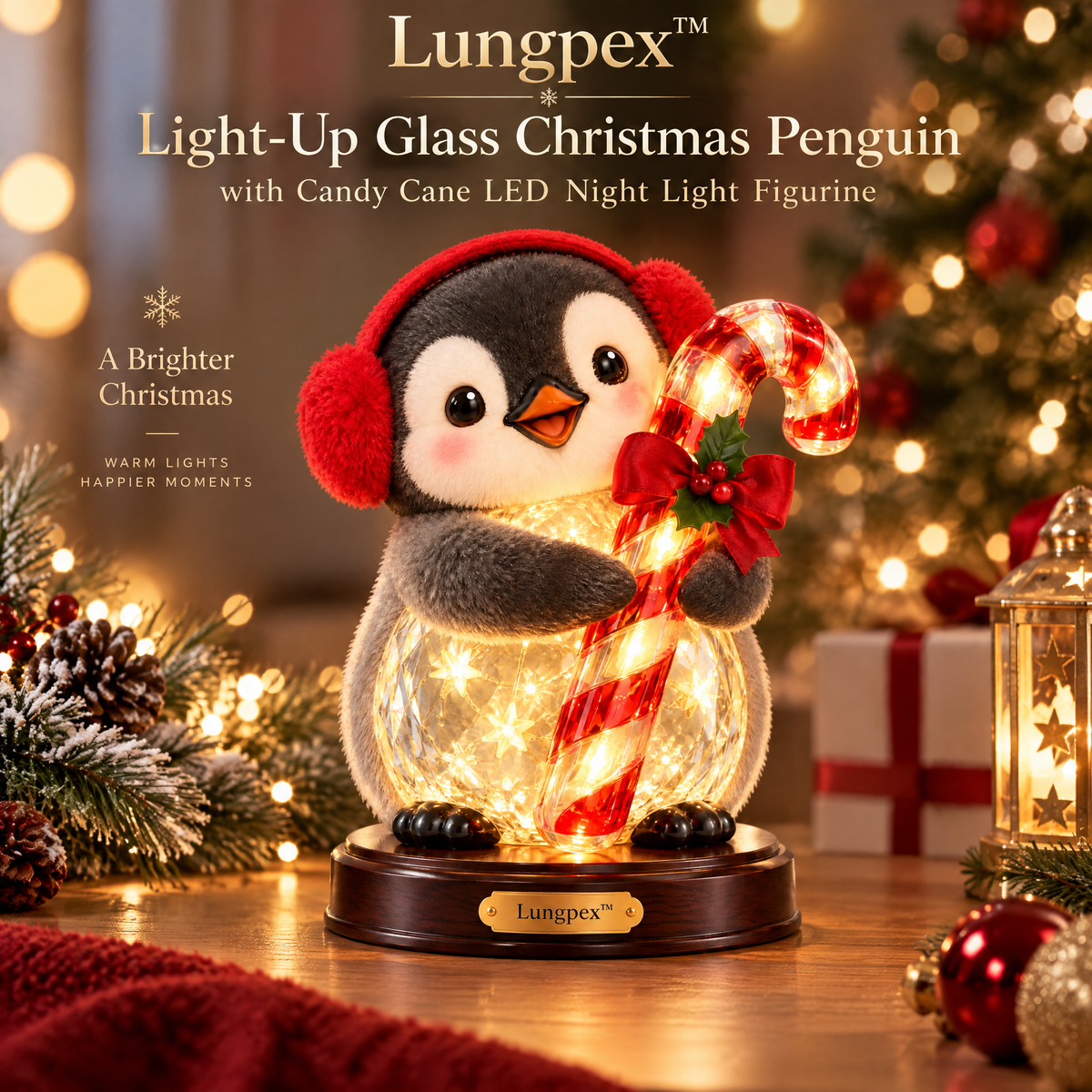 Lungpex™ Light-Up Glass Christmas Penguin with Candy Cane LED Night Light Figurine