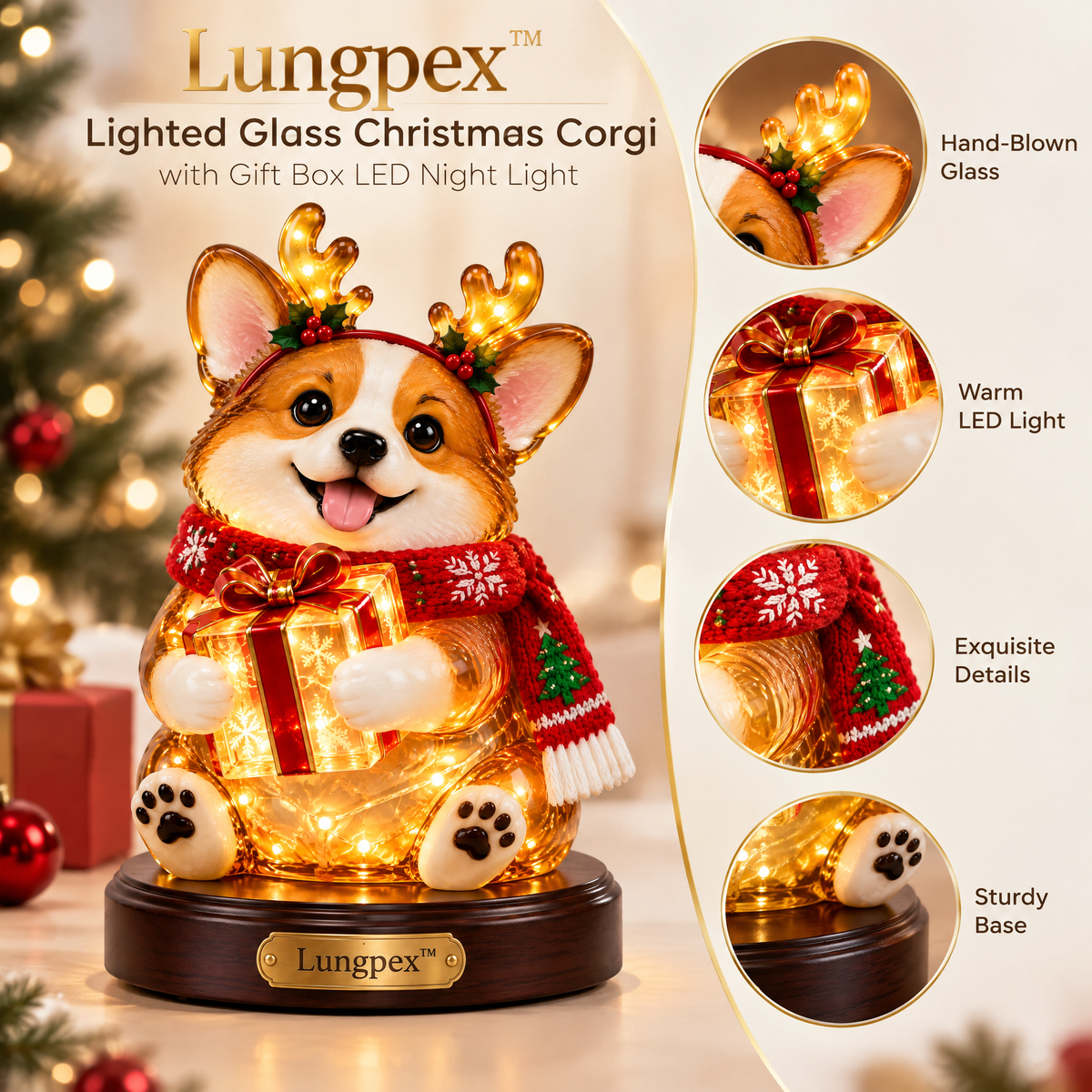 Lungpex™ Light-Up Glass Christmas Corgi with Gift Box LED Night Light