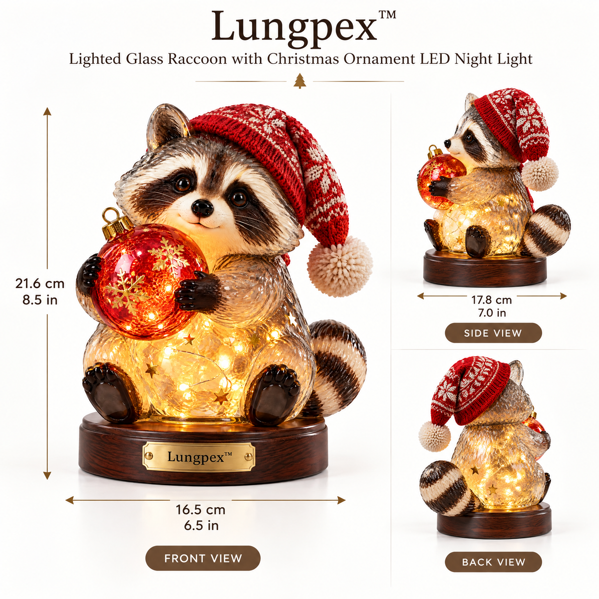 Lungpex™ Light-Up Glass Christmas Raccoon with Ornament LED Night Light