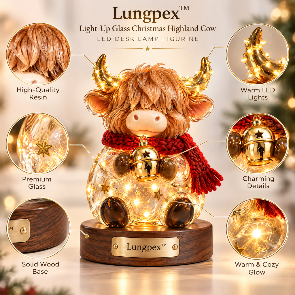 Lungpex™ Light-Up Glass Christmas Highland Cow with Bell LED Night Light