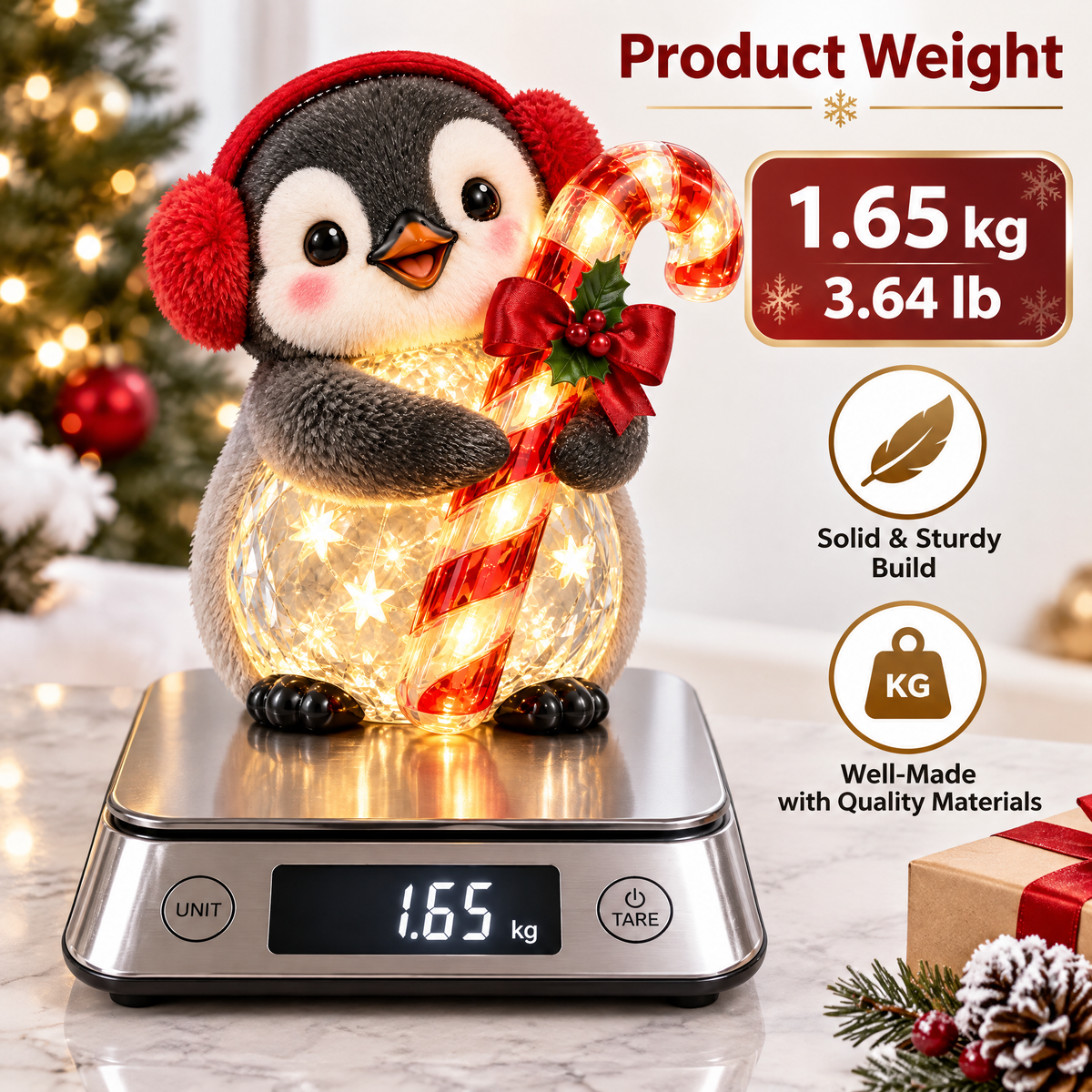 Lungpex™ Light-Up Glass Christmas Penguin with Candy Cane LED Night Light Figurine