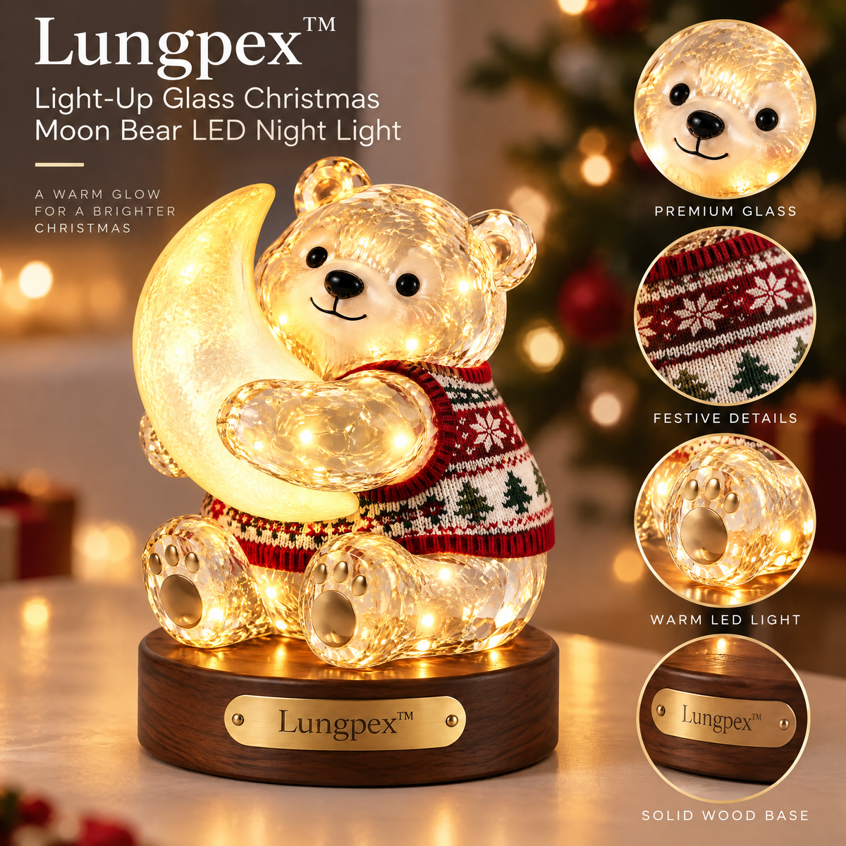 Lungpex™ Light-Up Glass Christmas Moon Bear LED Night Light