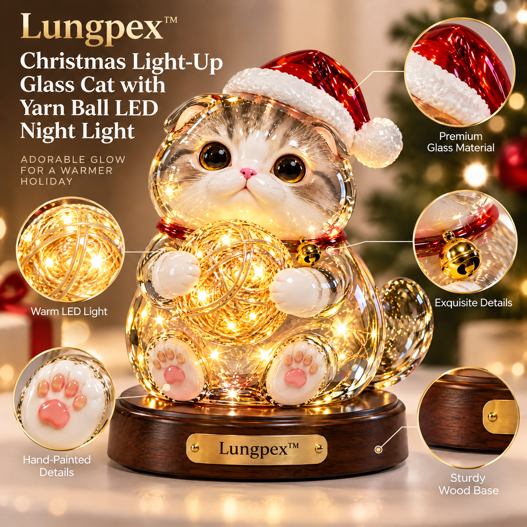 Lungpex™ Christmas Light-Up Glass Cat with Yarn Ball LED Night Light