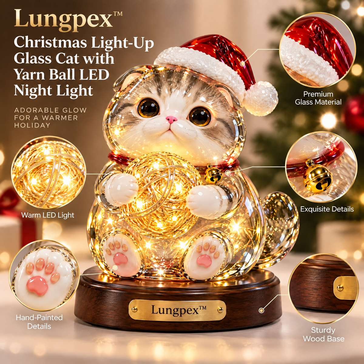Lungpex™ Christmas Light-Up Glass Cat with Yarn Ball LED Night Light