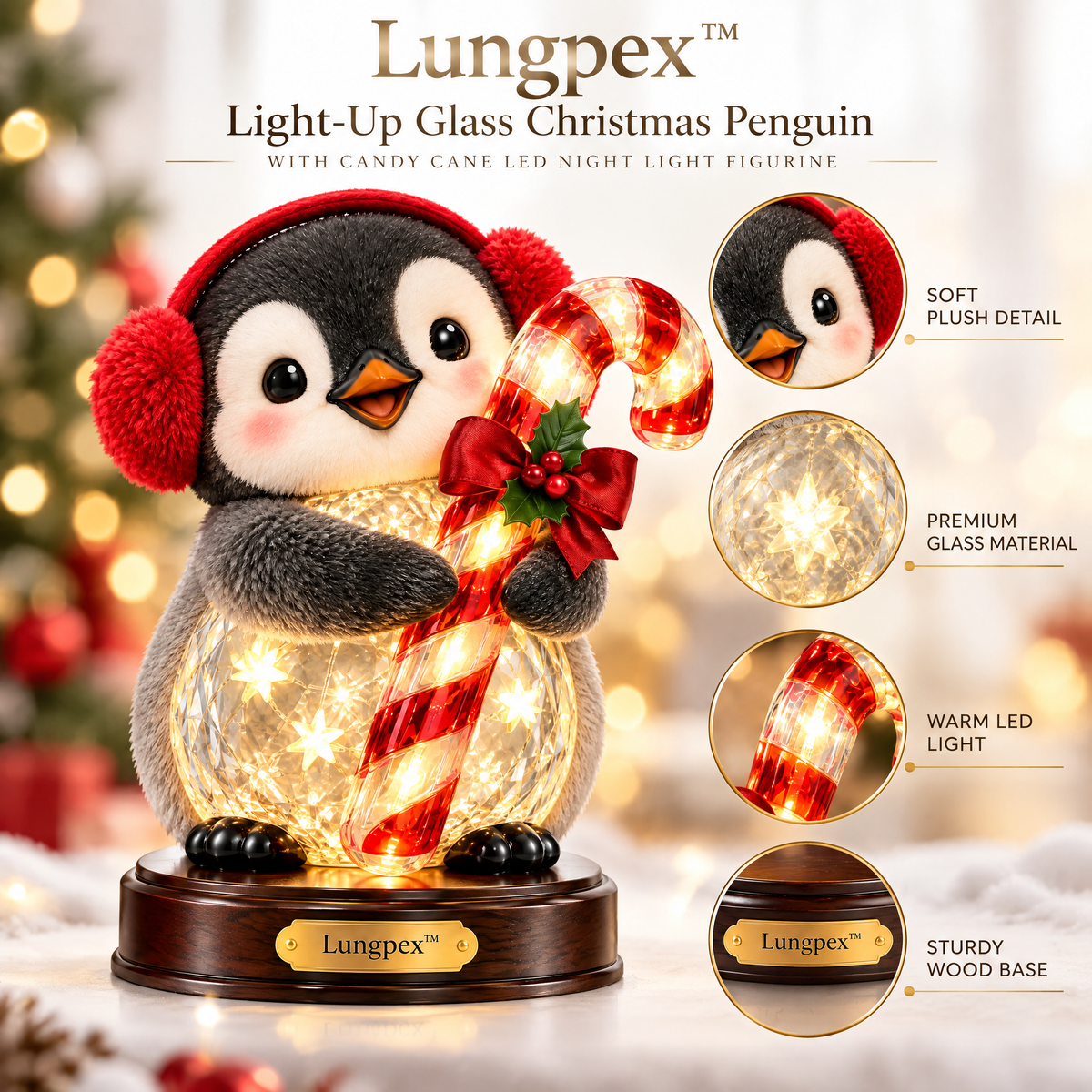 Lungpex™ Light-Up Glass Christmas Penguin with Candy Cane LED Night Light Figurine
