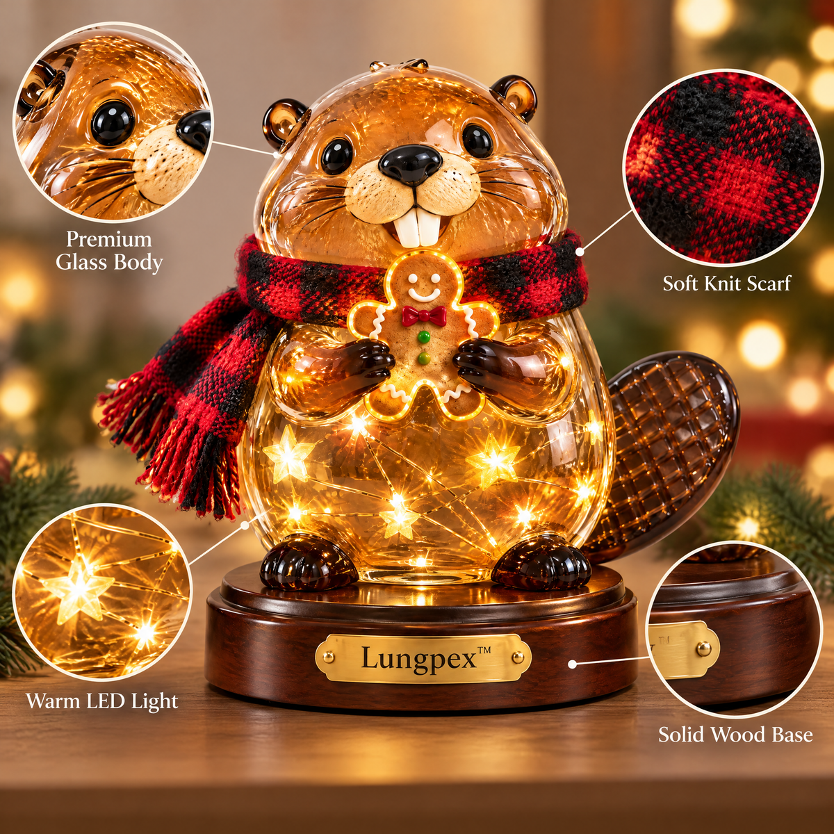 Lungpex™ Light-Up Glass Christmas Beaver with Gingerbread Man LED Night Light Figurine