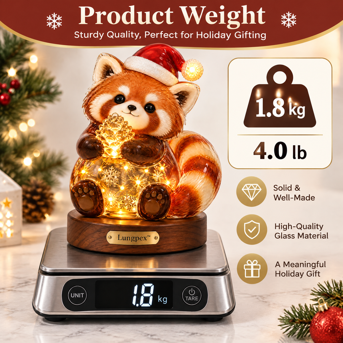 Lungpex™ Light-Up Glass Christmas Red Panda with Pinecone LED Night Light