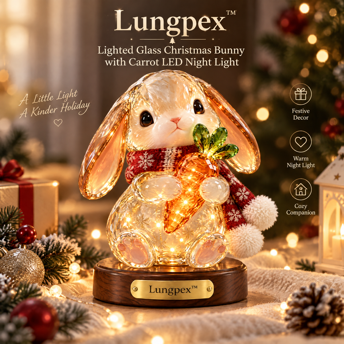 Lungpex™ Light-Up Glass Christmas Bunny with Carrot LED Night Light