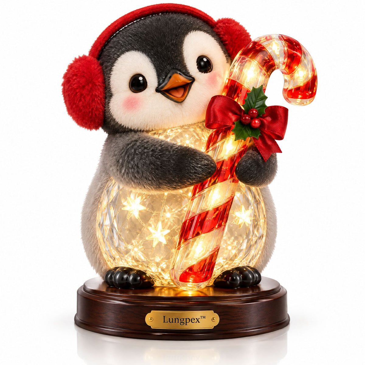 Lungpex™ Light-Up Glass Christmas Penguin with Candy Cane LED Night Light Figurine