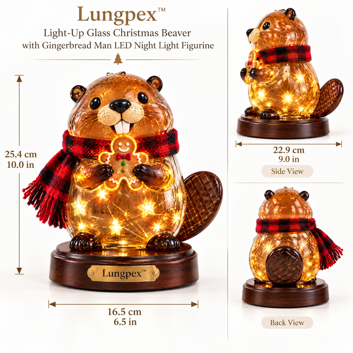 Lungpex™ Light-Up Glass Christmas Beaver with Gingerbread Man LED Night Light Figurine