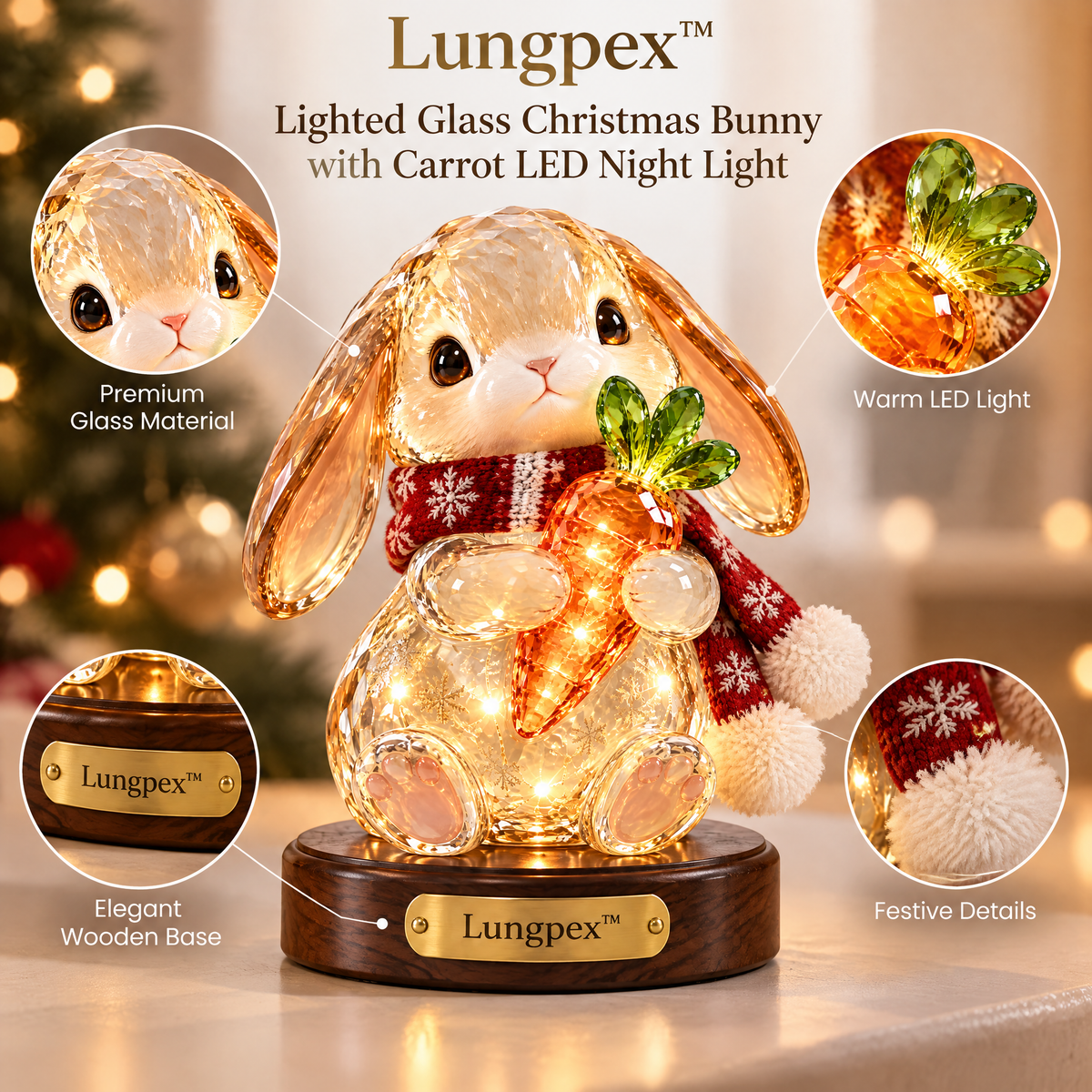 Lungpex™ Light-Up Glass Christmas Bunny with Carrot LED Night Light