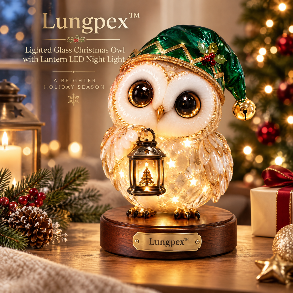 Lungpex™ Light-Up Glass Christmas Owl with Lantern LED Night Light