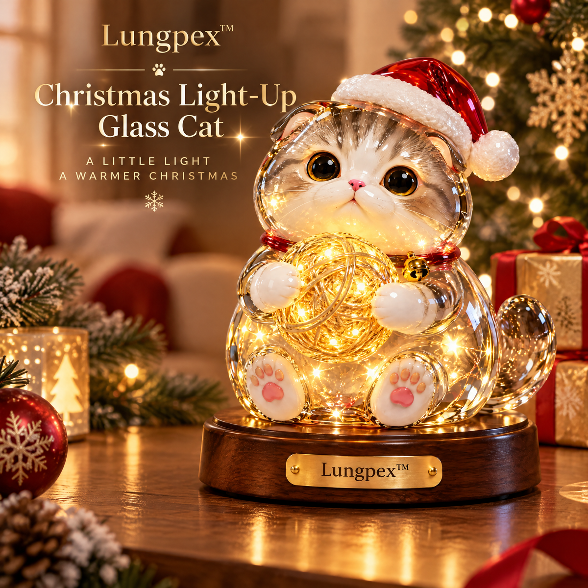 Lungpex™ Christmas Light-Up Glass Cat with Yarn Ball LED Night Light