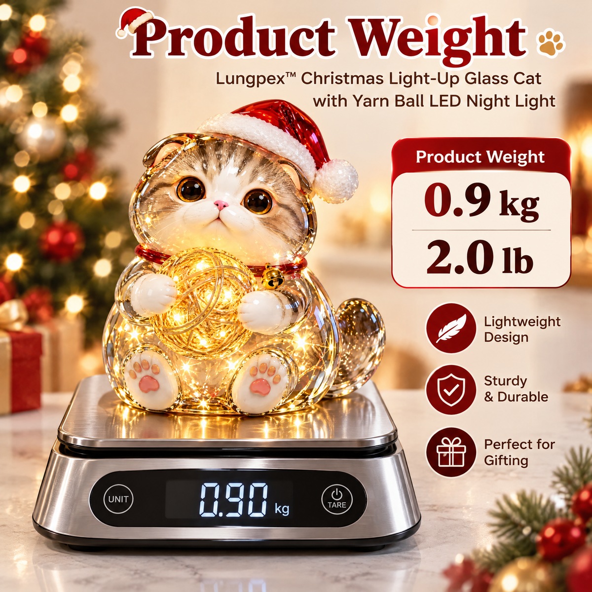 Lungpex™ Christmas Light-Up Glass Cat with Yarn Ball LED Night Light